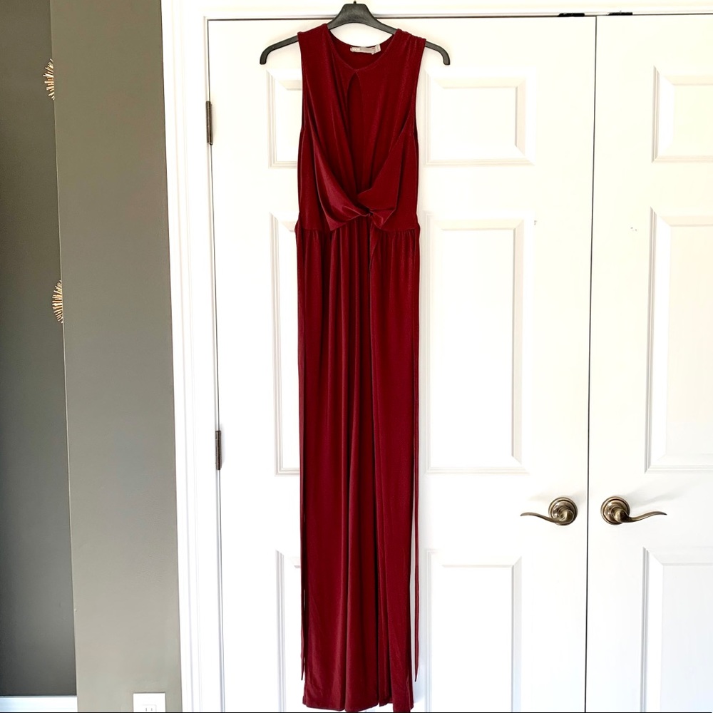 Burgundy Cross Front Slinky Maxi Dress w/ Keyhole